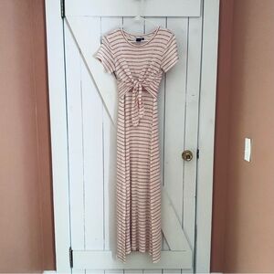 Boho Flowy Maxi Dress Sweater Dress Front Tie Stripes Striped Short Sleeve